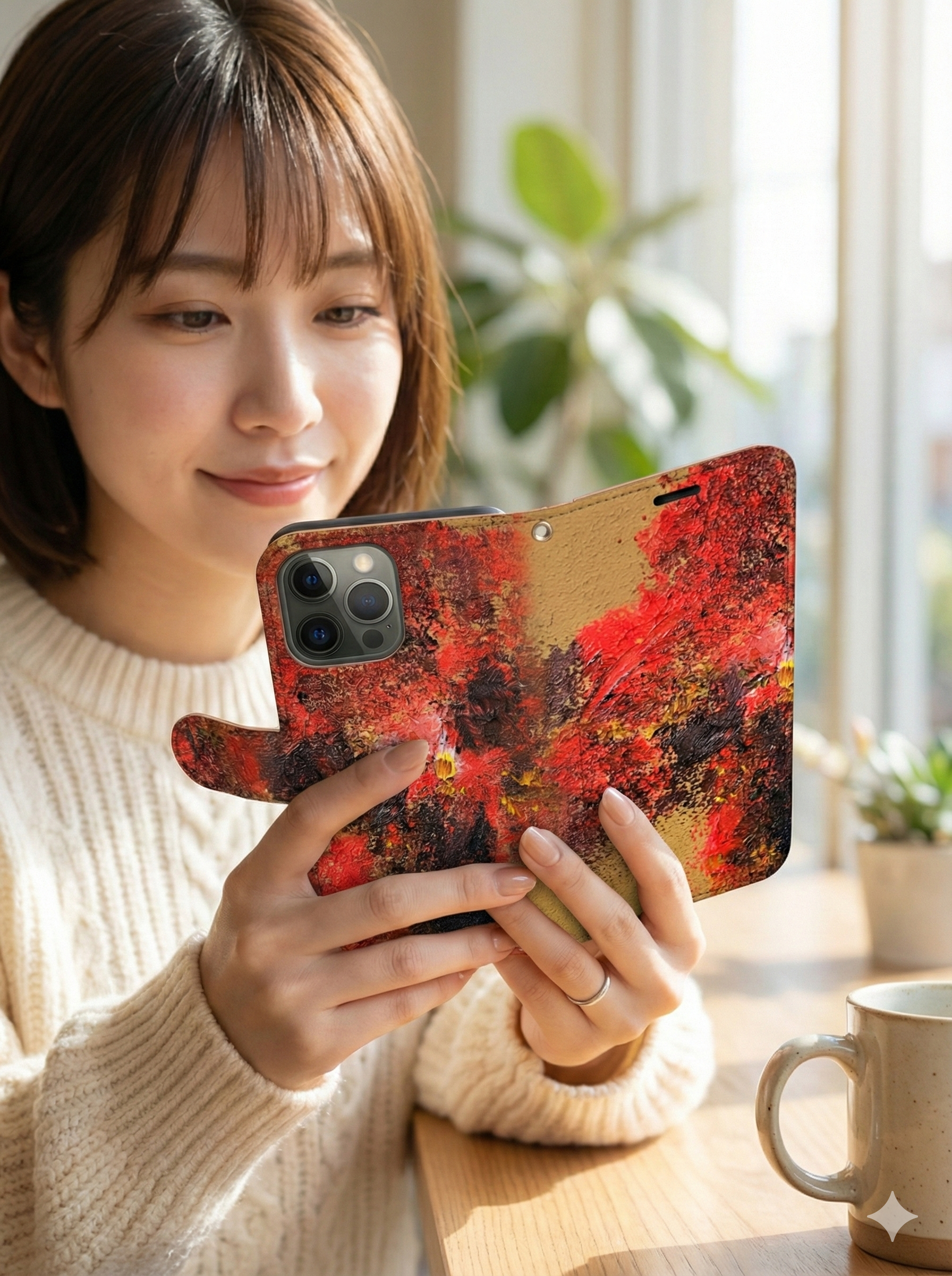 画家志野ハガンの油絵を手帳型スマホケースに転写