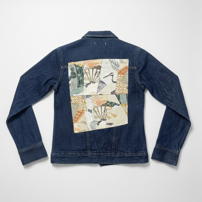 【一点物】帯リメイク インディゴデニムジャケット　2種類の帯　正絹パッチワーク 12,920円