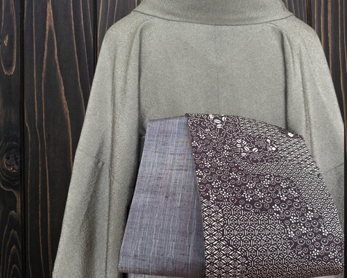 *着物反物*　寄せ柄灰色絣と結城紬　大人の兵児帯　半幅帯　長尺　ハンドメイド 着物反物* 小紋絞りと縞 ぼかし柄 の兵児帯 半幅帯 長尺470cm 和装小物