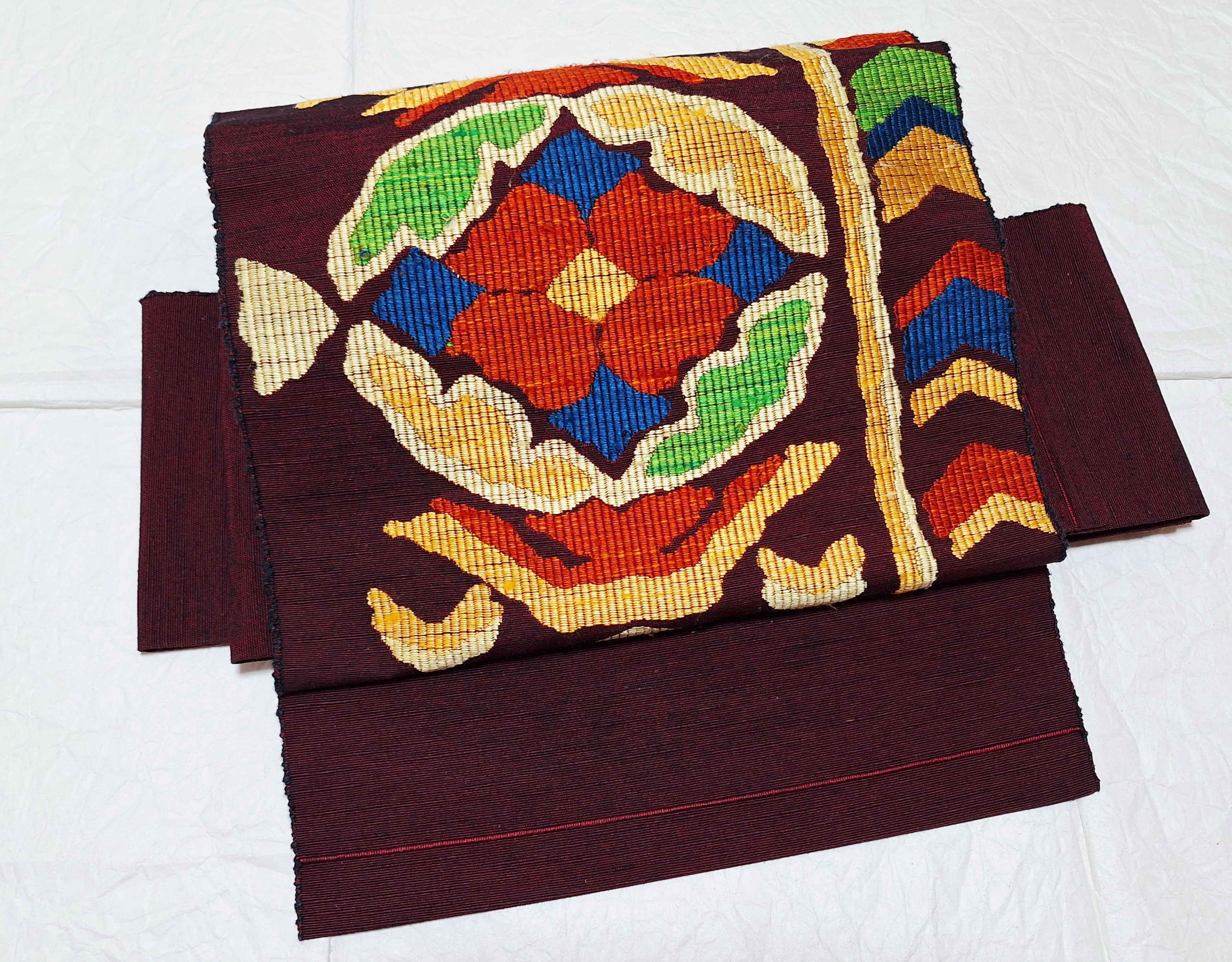 ワンタッチ帯　くらわん帯　正絹紬名古屋帯リメイク　赤茶色花文様　作り帯　簡単帯