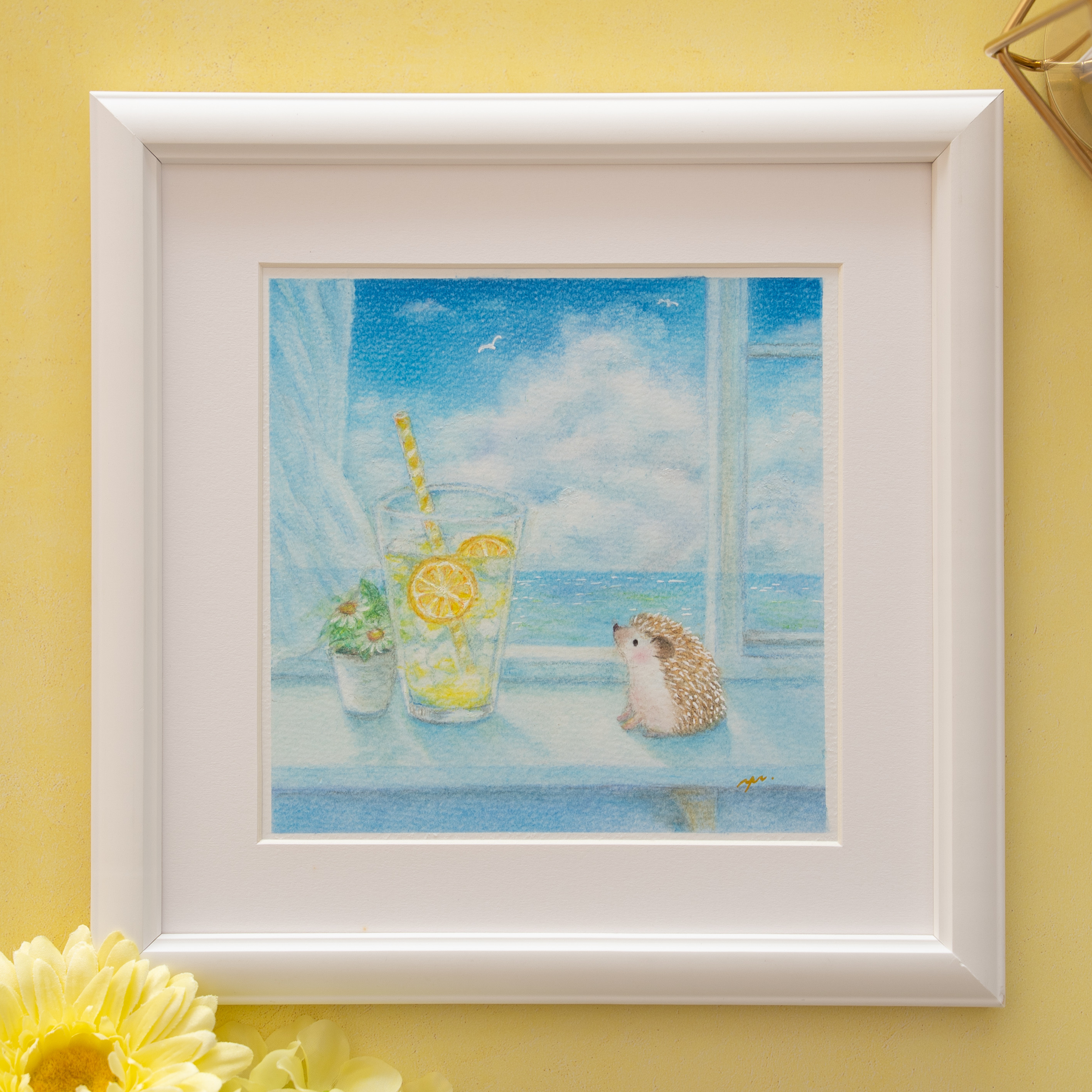 【原画】「窓辺の小さなハリネズミ」　パステルアート　はりねずみ　かわいい動物イラスト