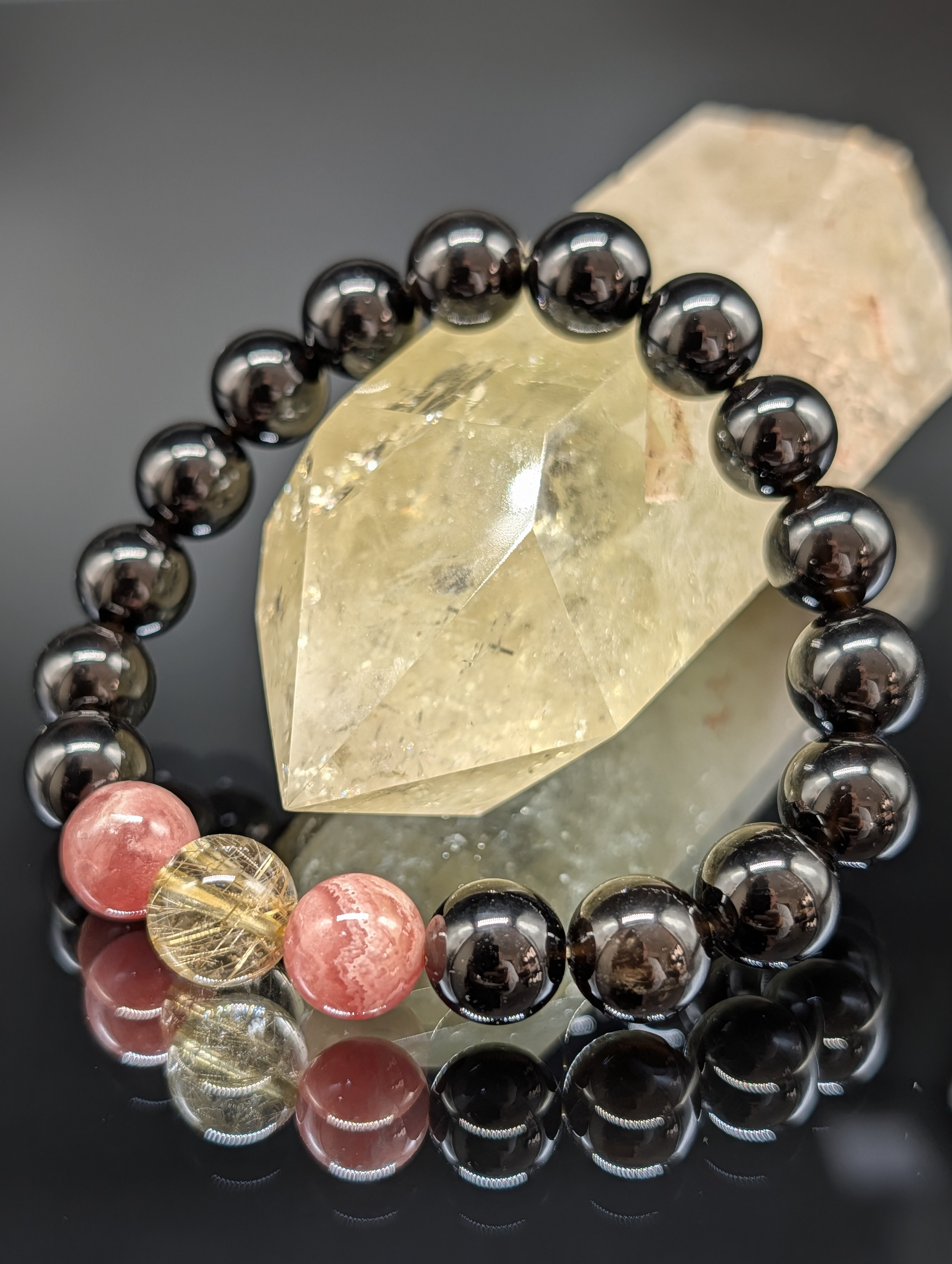 【高品質・金銭運・縁を結ぶ】ゴールドルチルクォーツ インカローズ モリオン 10mm ブレスレット 3連