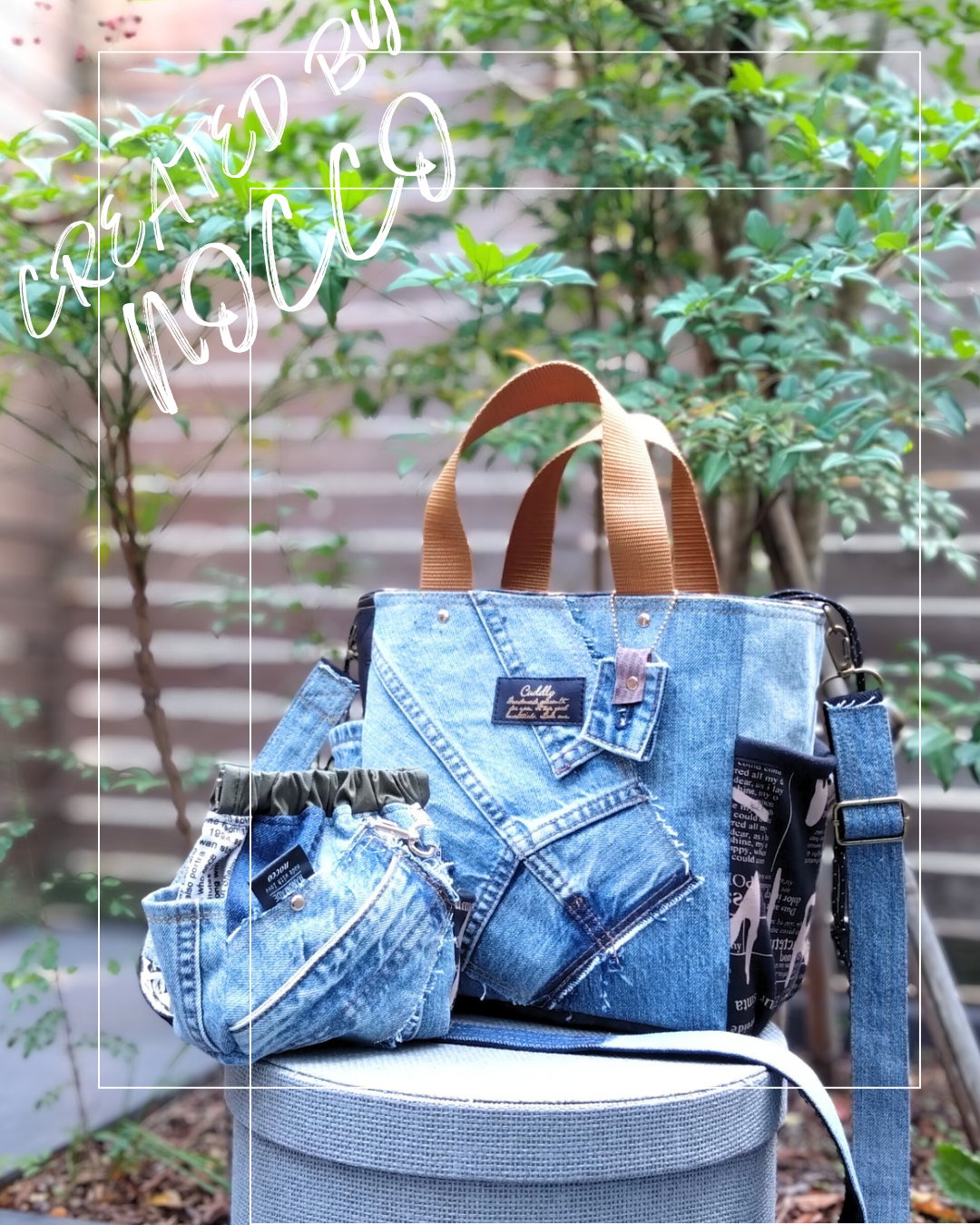 2点set №819【DENIM✖️ヒョウ柄巾着サイドポケット付ToteBAG⚮̈♥】お揃いポーチ付/1点もの