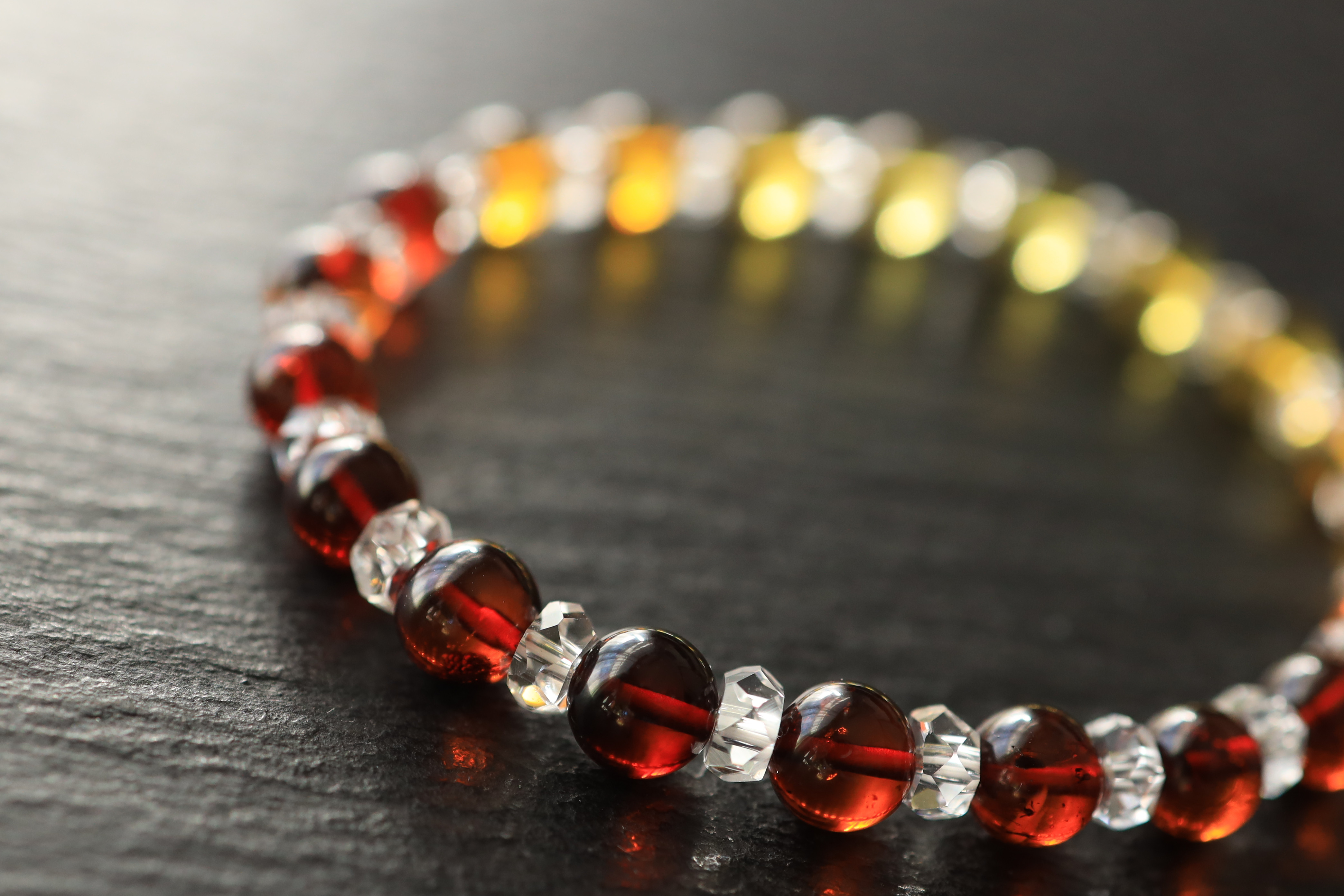 …☆スーパープレミアムブレス☆天然琥珀・バルティックアンバー：6.5ミリ（グラデーションカラー）＆水晶☆天然石☆…