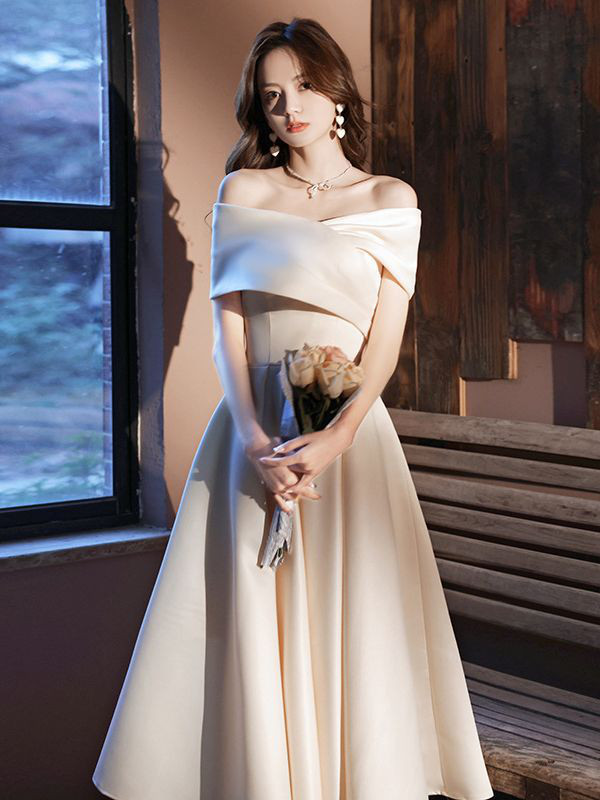 高級感 白 サテン オフショルダー パーティードレス 優雅 花嫁 結婚式 披露宴 演奏会 前撮り HL986