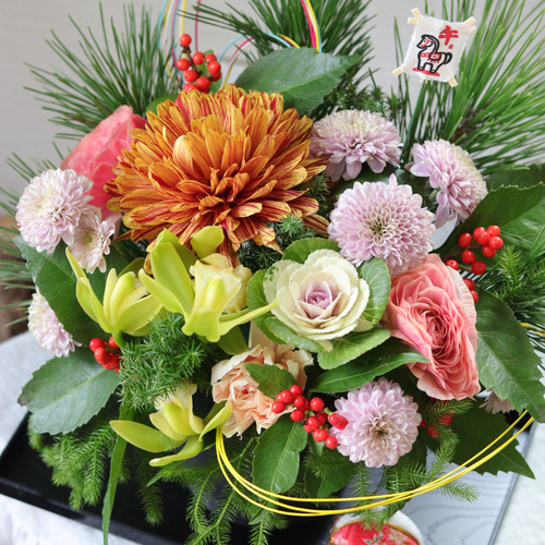 お正月アレンジメント ♡恵愛♡ ふんわりマム(菊)のお正月アレンジメント 多肉植物 トータルプランツ