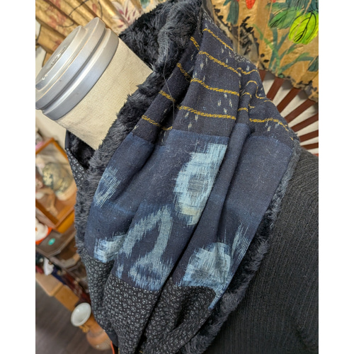 絣色々マフラー（黒のファー付き） 古布リメイク マフラー 着物