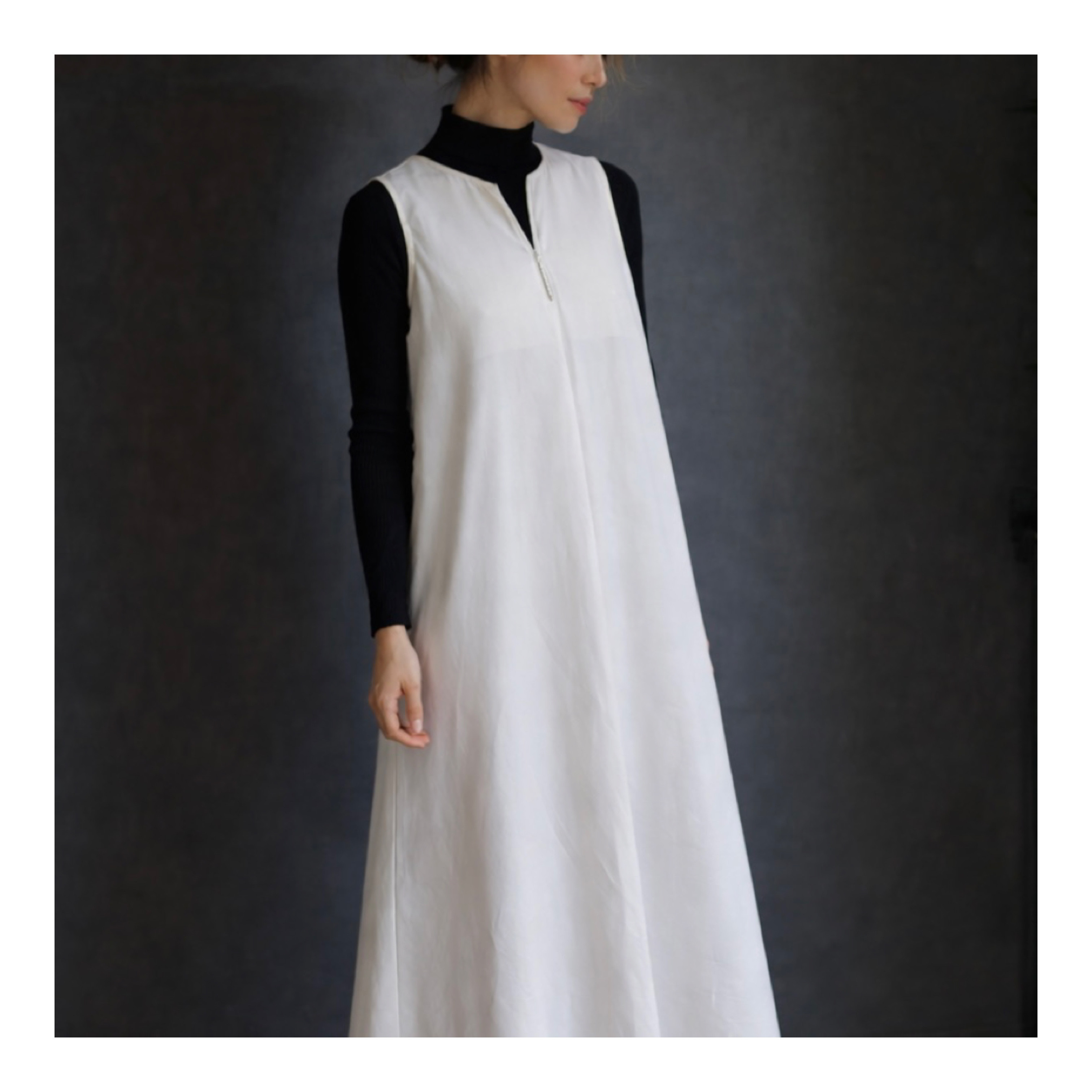 岡山県児島6オンスソフトデニムジャンパースカート／スラッシュネックデニムワンピース／オフホワイト