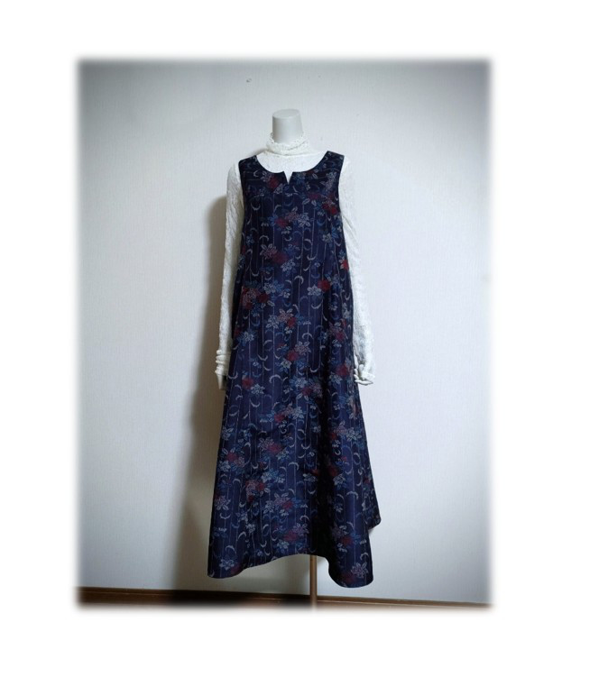 484　１点物　ジャンパースカート　テントラインワンピース　大島紬　花柄　小さいサイズ