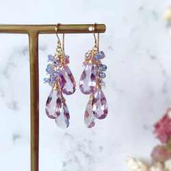 宝石質ラベンダーアメジストの煌めき花びらピアス〈long〉◇14kgf