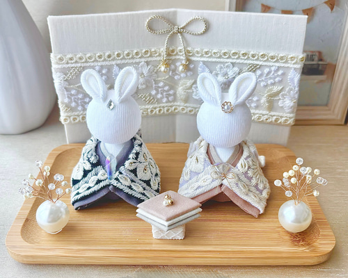 インド刺繍リボンのうさ雛人形 ナチュラルカラー ひな人形・雛飾り