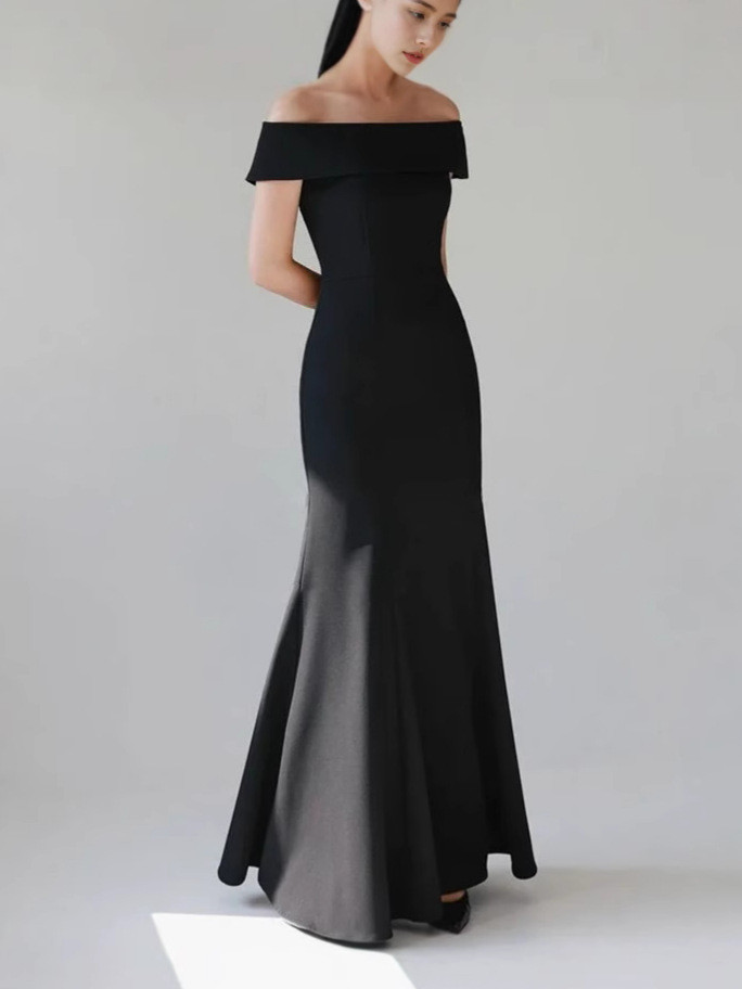 高級感 白 黒 サテン オフショルダー パーティードレス シンプル 韓国風 誕生日 披露宴 演奏会 前撮り HL1004