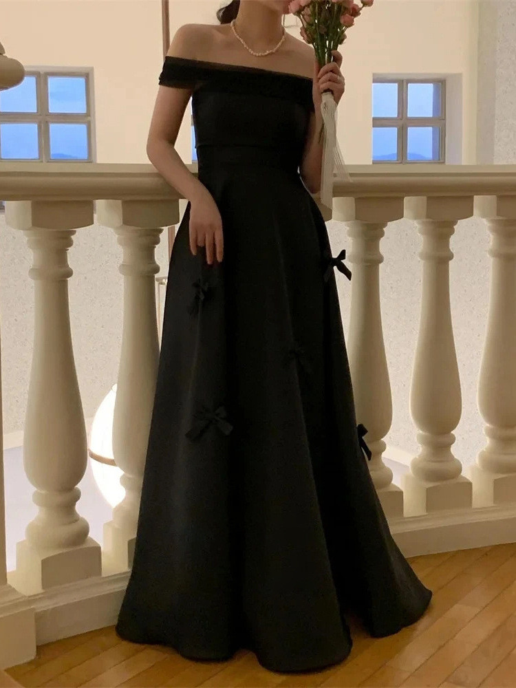 高級感 白 黒 サテン リボン オフショルダー ウェディングドレス シンプル 花嫁 披露宴 演奏会 前撮り HL1006