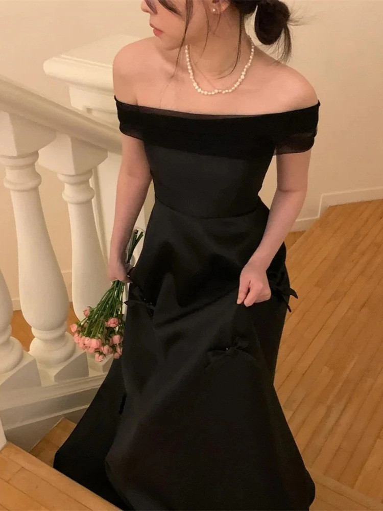 高級感 白 黒 サテン リボン オフショルダー ウェディングドレス シンプル 花嫁 披露宴 演奏会 前撮り HL1006