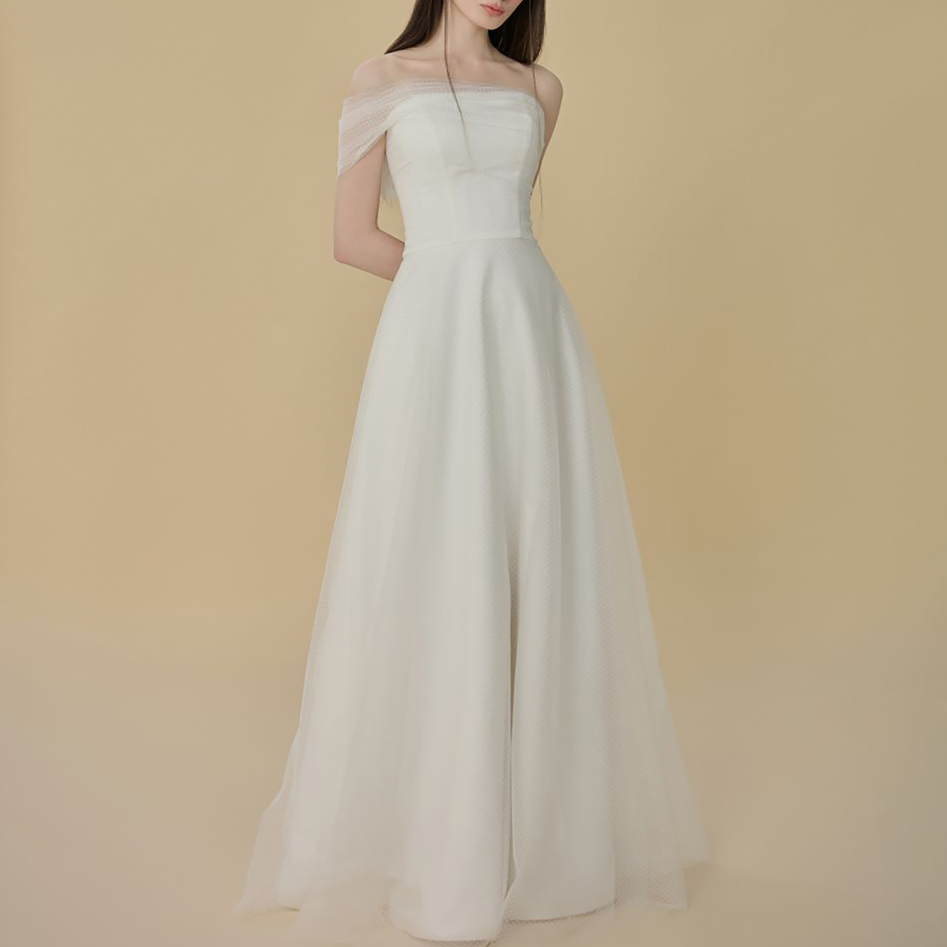 高級感 白 サテン オフショルダー ウェディングドレス シンプル 花嫁 パーティー 披露宴 演奏会 前撮り HL1009