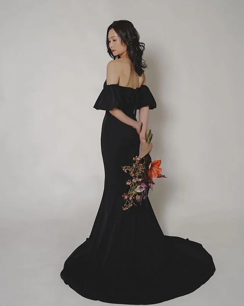 高級感 黒 サテン オフショルダー パーティードレス 裾引き シンプル 花嫁 披露宴 演奏会 前撮り HL1011