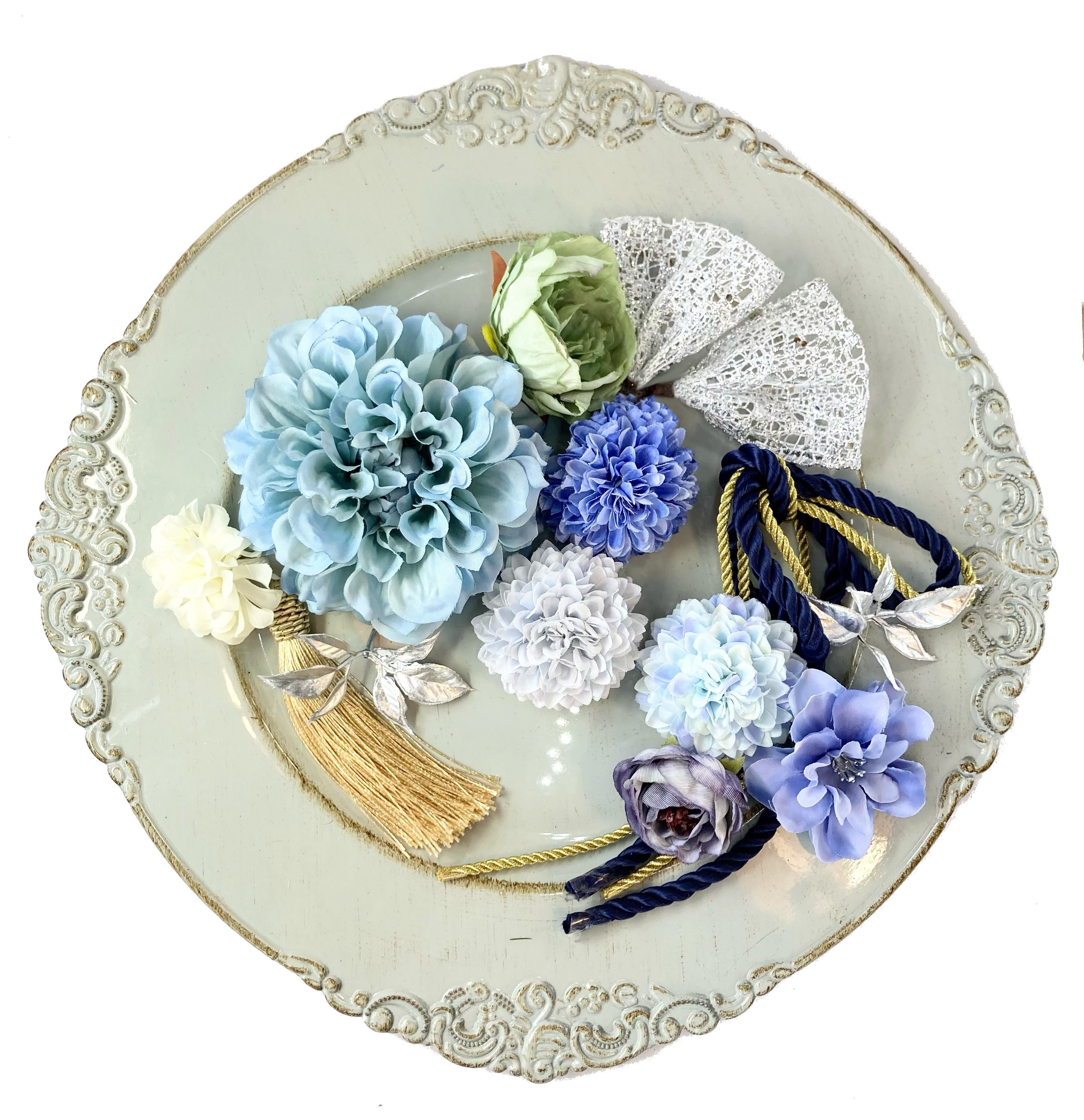 クリーム ブルー 髪飾り  選べる リボン と タッセル 結婚式 着物 成人式 青　水色