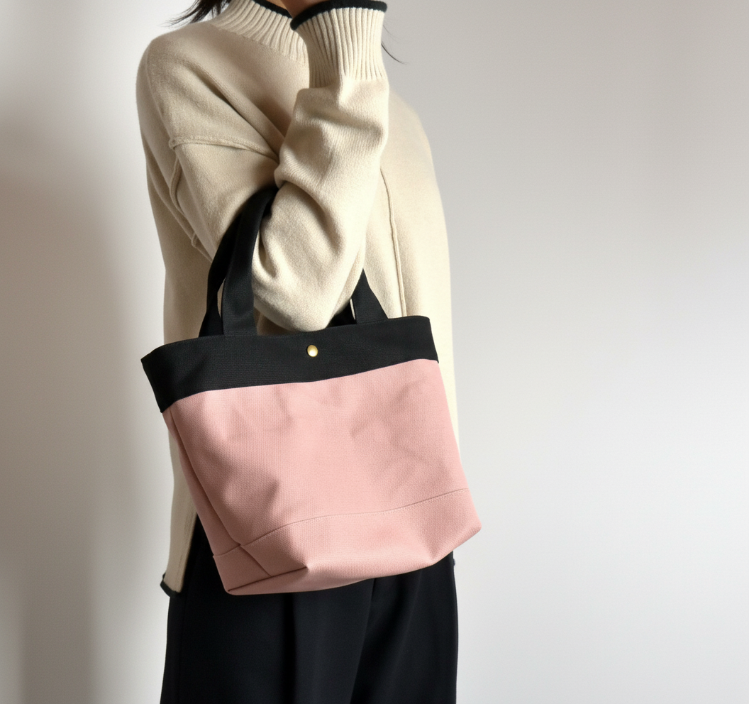 【春の超早割2026】倉敷帆布　大人のきれいめトートバッグ♪スモーキーピンク×ブラック