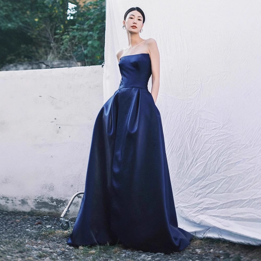 パーティードレス 青 ノースリーブ シンプル 韓国風 花嫁 誕生日 パーティー 前撮り 二次会 お呼ばれ AK614