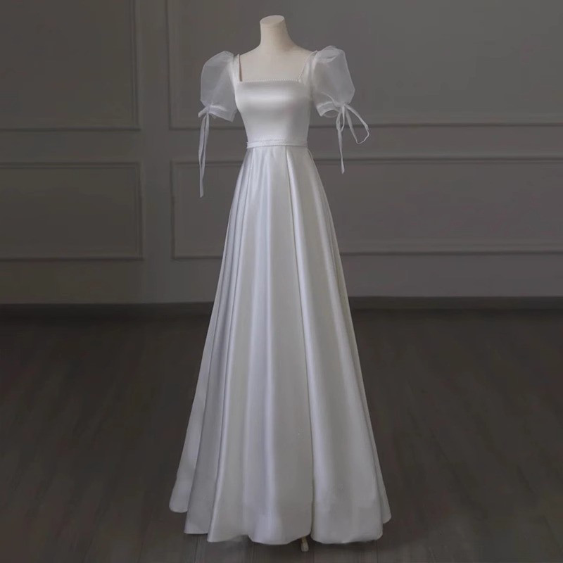 ウェディングドレス 白 サテン パフスリーブ シンプル 韓国風 花嫁 パーティー 前撮り 二次会 お呼ばれ AK615