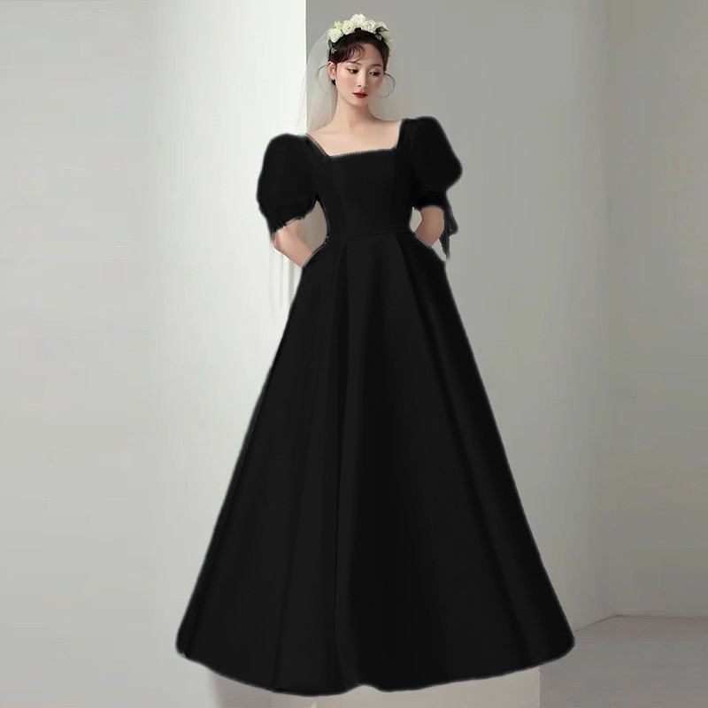 ウェディングドレス 白 サテン パフスリーブ シンプル 韓国風 花嫁 パーティー 前撮り 二次会 お呼ばれ AK616