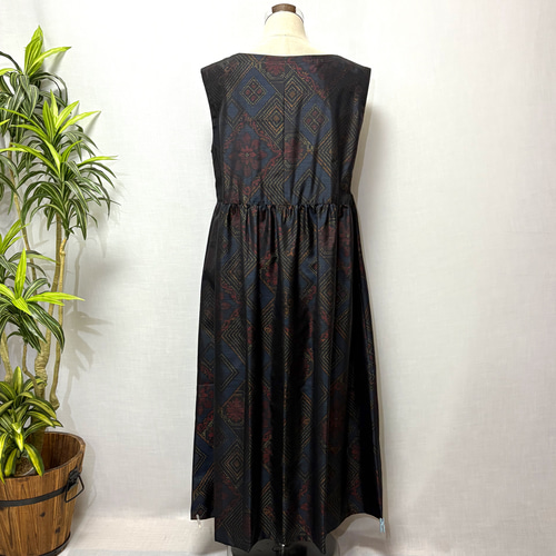 着物リメイク 大島紬ワンピース 花柄 ジャンパースカート ロング