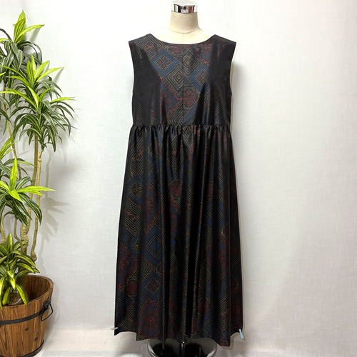 着物リメイク 大島紬ワンピース 花柄 ジャンパースカート ロング