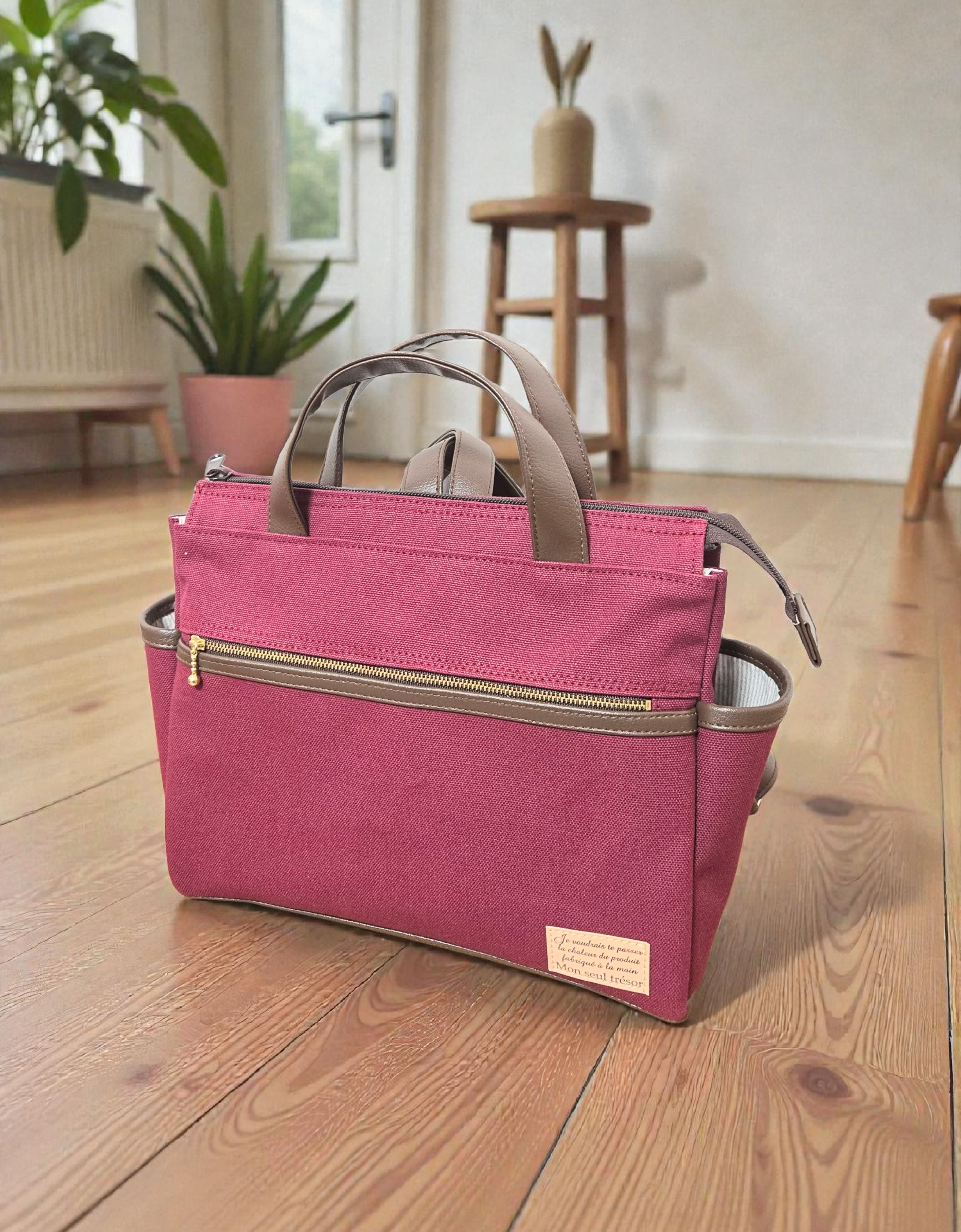 色の変更可能　ワインレッド帆布と焦げ茶の合皮の四角いリュック3(小)（横型）（3way）（受注製作)