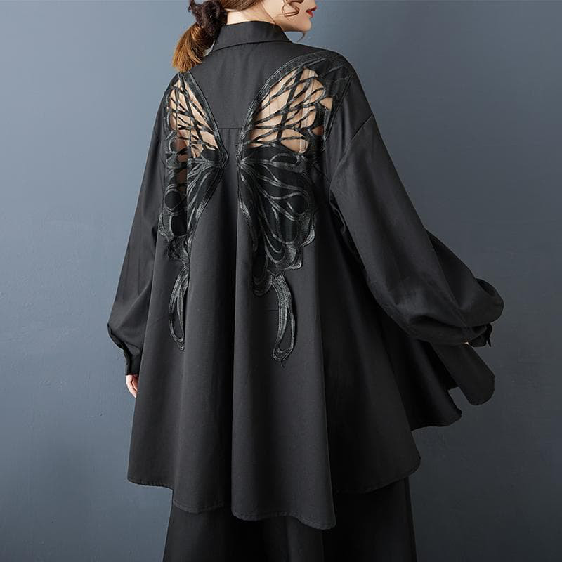 新品 大きいサイズ トップスゆったり 蝶 バタフライ柄 シャツ 黒長袖夏秋