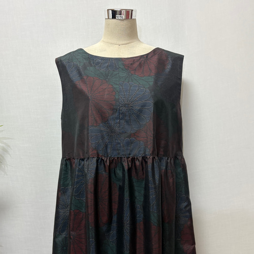 着物リメイク 大島紬花柄ワンピース ジャンパースカート 2WAY リボン