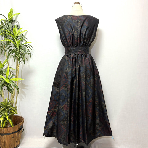 着物リメイク 大島紬花柄ワンピース ジャンパースカート 2WAY リボン