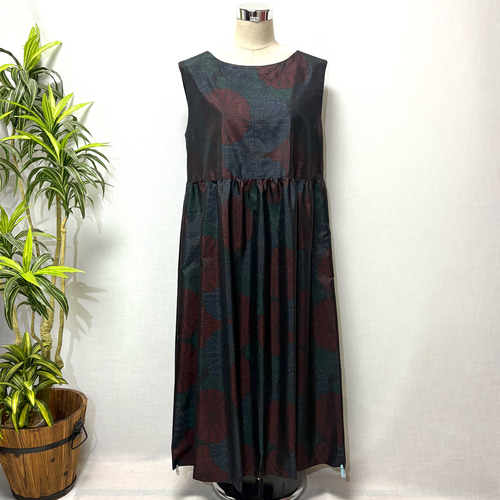 着物リメイク 大島紬花柄ワンピース ジャンパースカート 2WAY リボン