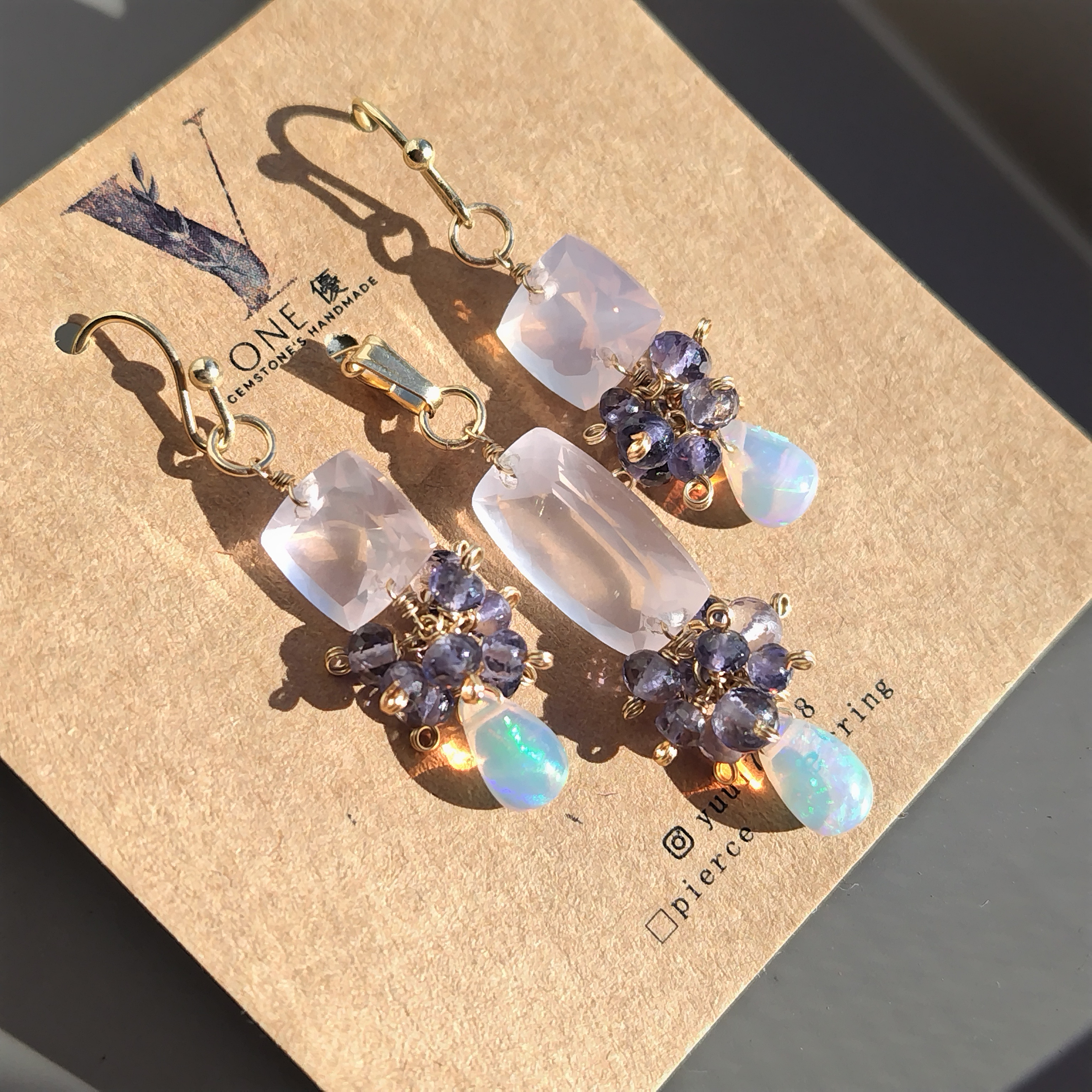 宝石質　ローズクォーツ　アイオライト　カラーオパール　遊色　ピアス　ペンダントトップ　set　14kgf