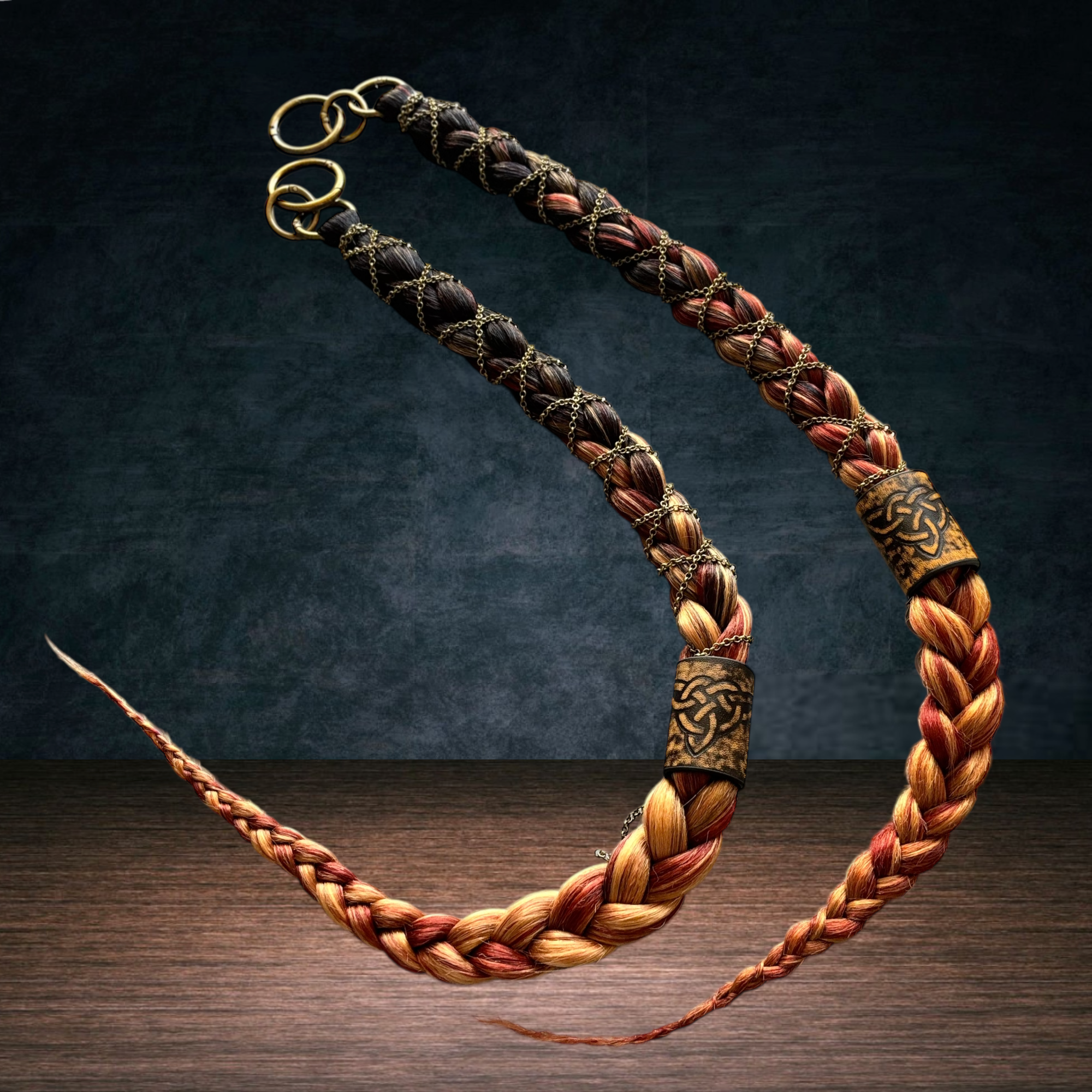 《リングで付けるエクステ》北欧風　ポニーテールリング　リングエクステ　ケルト模様フェイクレザー　チェーン編み込み　2本