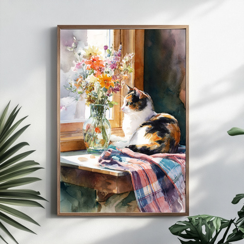 窓辺の三毛猫と花 水彩画｜癒しの猫アート ねこ インテリアポスター