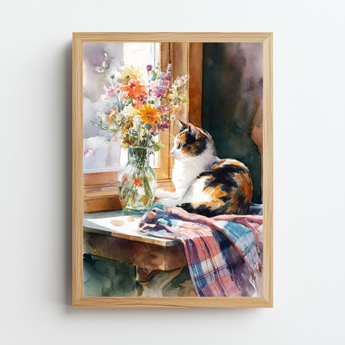 窓辺の三毛猫と花 水彩画｜癒しの猫アート ねこ インテリアポスター