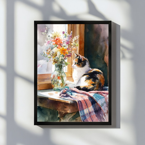 絵画★原画★１点物の作品★本物★額装★インテリア★猫★パステル画★水彩画★ネコ 窓辺の三毛猫と花 水彩画｜癒しの猫アート ねこ インテリアポスター