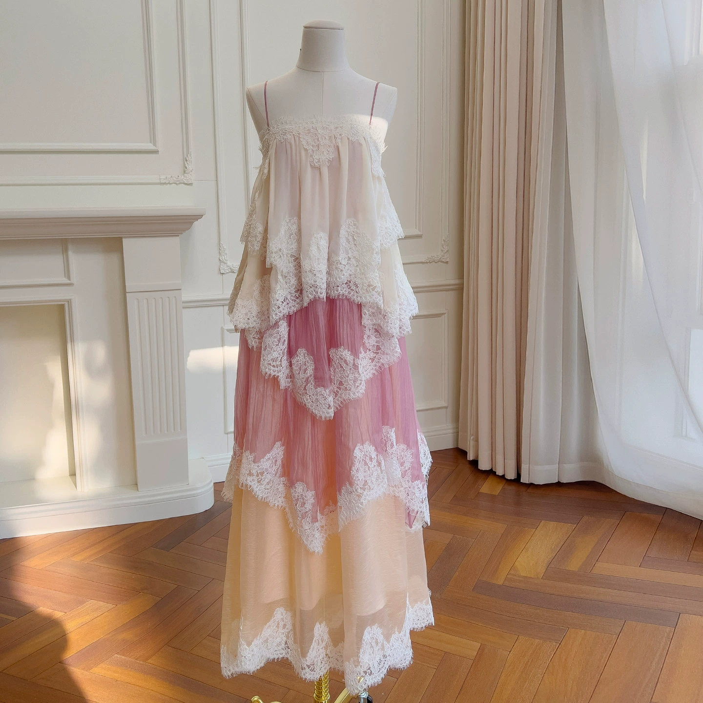 キャミソール 杏色 レース ウェディングドレス パーティー 上品 ロング 韓国風 二次会 69535