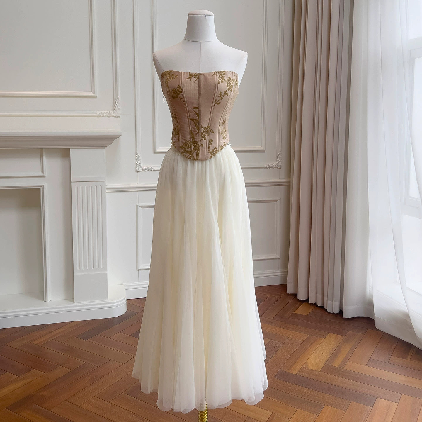 上下 オフショルダー 杏色 チュールスカート ウェディングドレス パーティー 上品 ロング 韓国風 二次会 71501