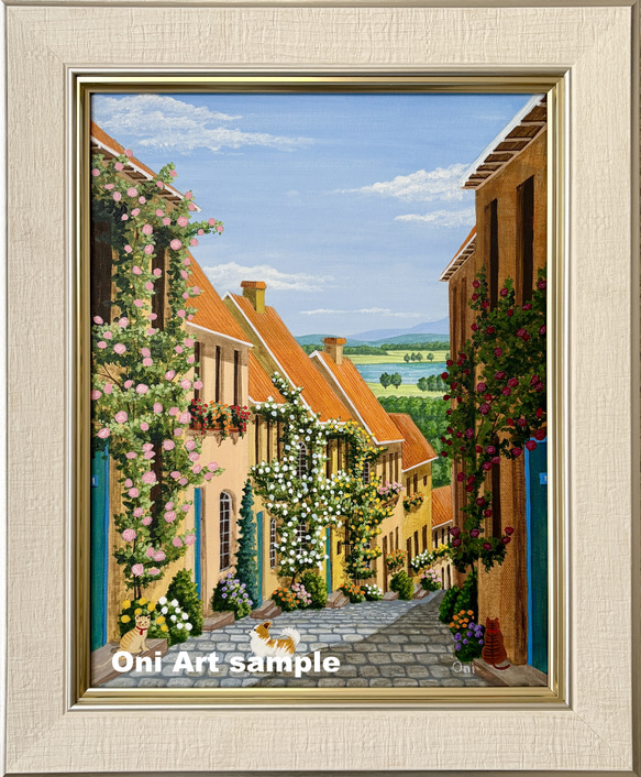 水彩画 原画 「花の咲く路地14」額縁付き F6サイズ 風景画 絵画 透明