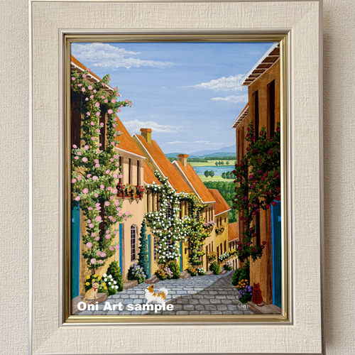 水彩画 原画 「花の咲く路地14」額縁付き F6サイズ 風景画 絵画 透明