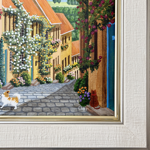 水彩画 原画 「花の咲く路地14」額縁付き F6サイズ 風景画 絵画 透明