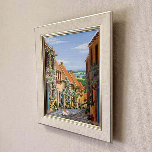 水彩画 原画 「花の咲く路地14」額縁付き F6サイズ 風景画 絵画 透明