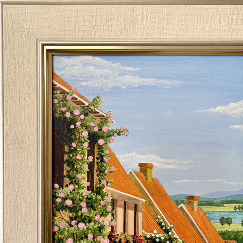 水彩画 原画 「花の咲く路地14」額縁付き F6サイズ 風景画 絵画 透明