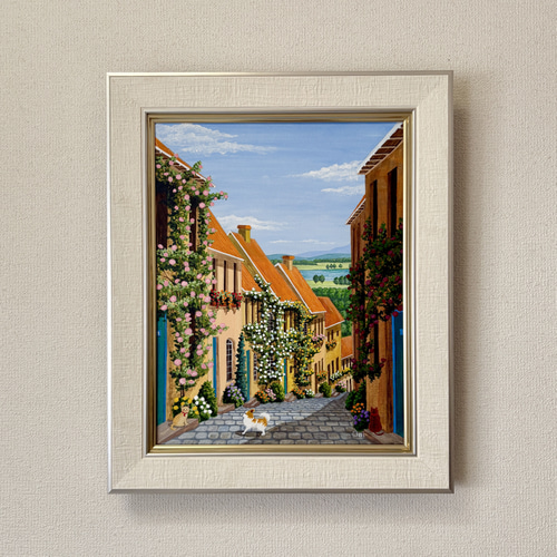 アクリル画　原画　「花の咲く路地14」額縁付き　F6サイズ　風景画 水彩画 原画 「花の咲く路地14」額縁付き F6サイズ 風景画 絵画 透明