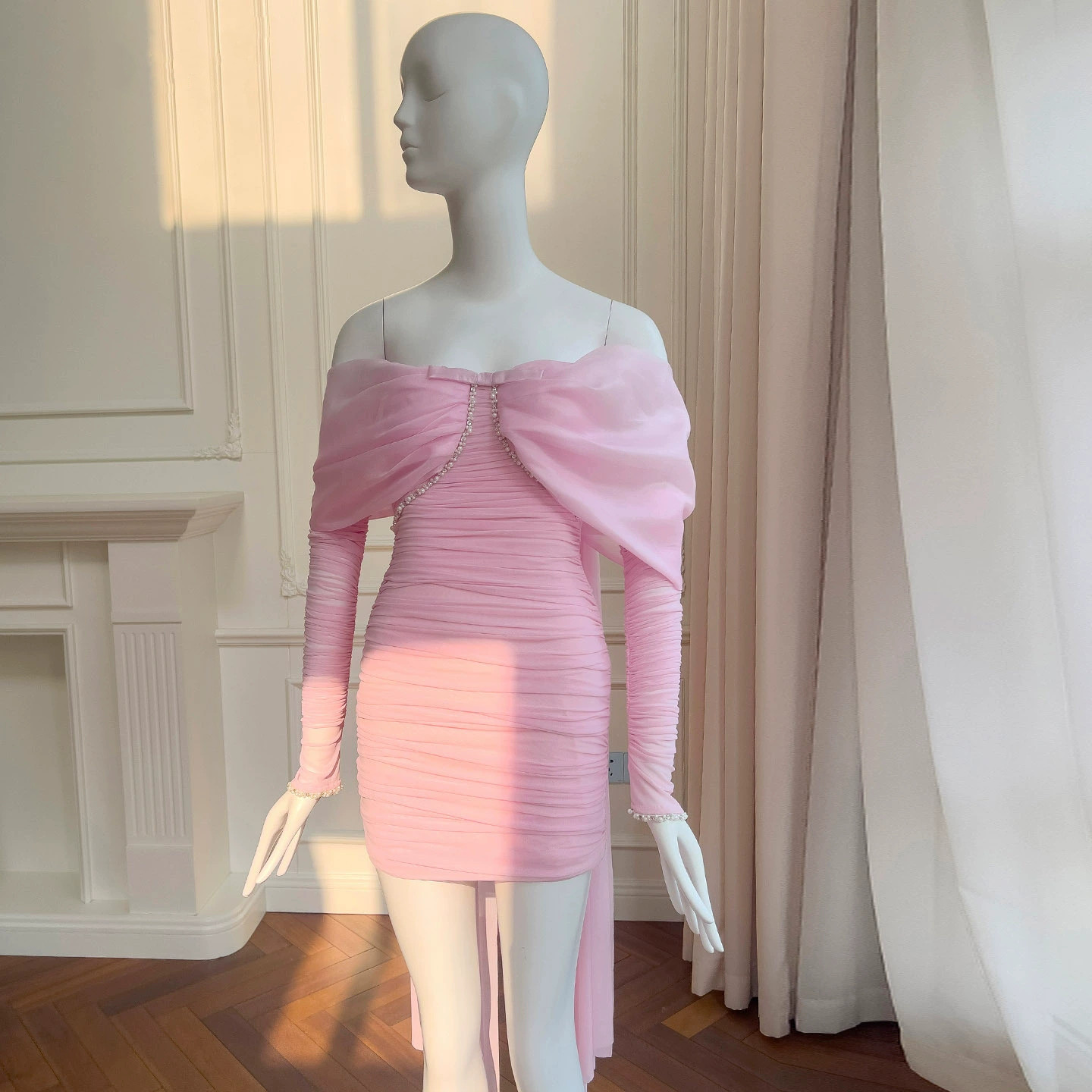 ピンク リボン スリム チュール ウェディングドレス パーティー ショート丈 可愛い 韓国風 二次会 69542