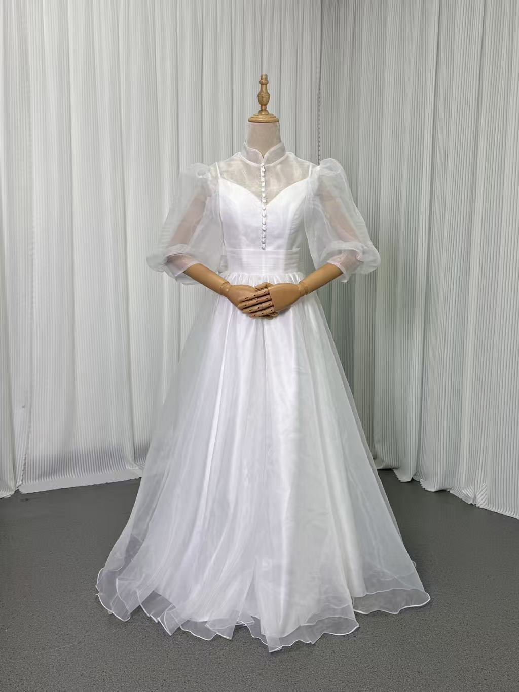 送料無料！パーティードレス 上質オーガンジー ハイネック 床付く 前撮り くるみボタン リボン ファスナー 二次会