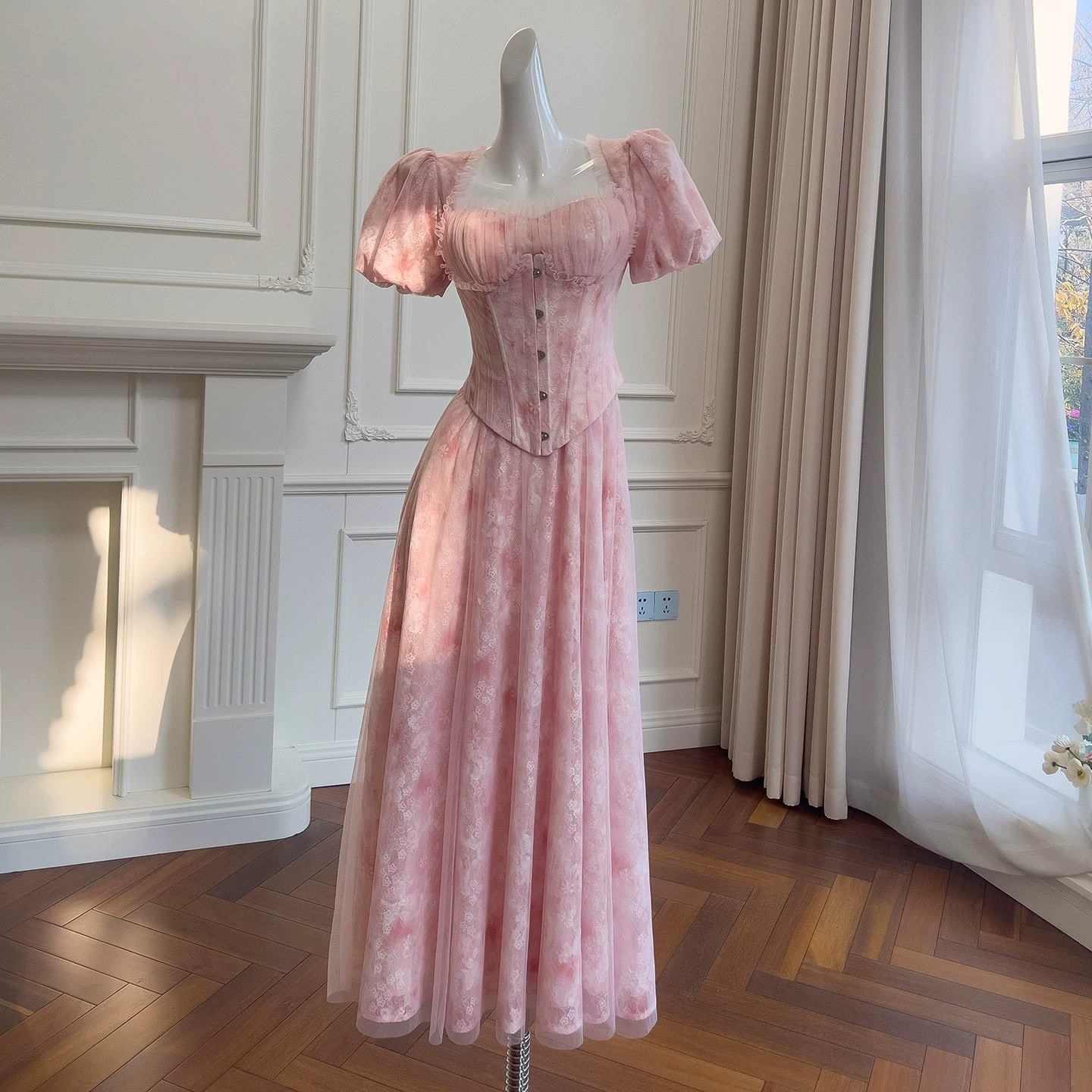 2点セット レース ピンク 半袖 プリンセス ウェディングドレス パーティー 上品 ロング 韓国風 二次会 69557