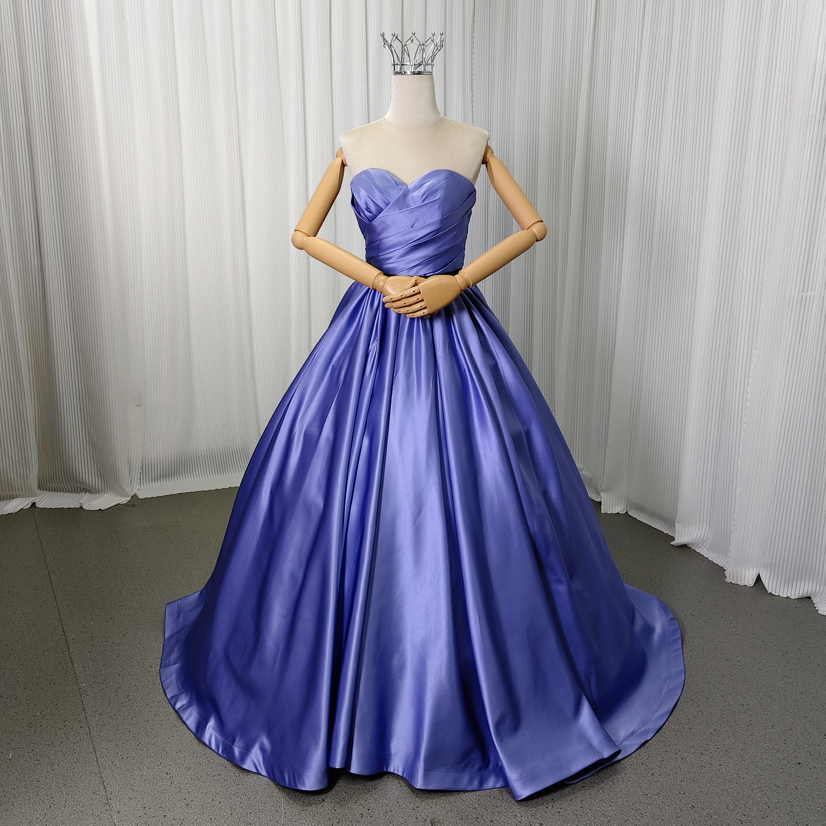 送料無料！パーティードレス ビスチェドレス パープル ハンドドレープ 編み上げ サッシュベルト ピアノ演奏会/音楽会