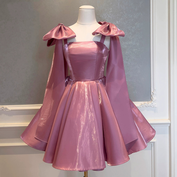 リボン 光沢 サテン ピンク紫 プリンセス ウェディングドレス